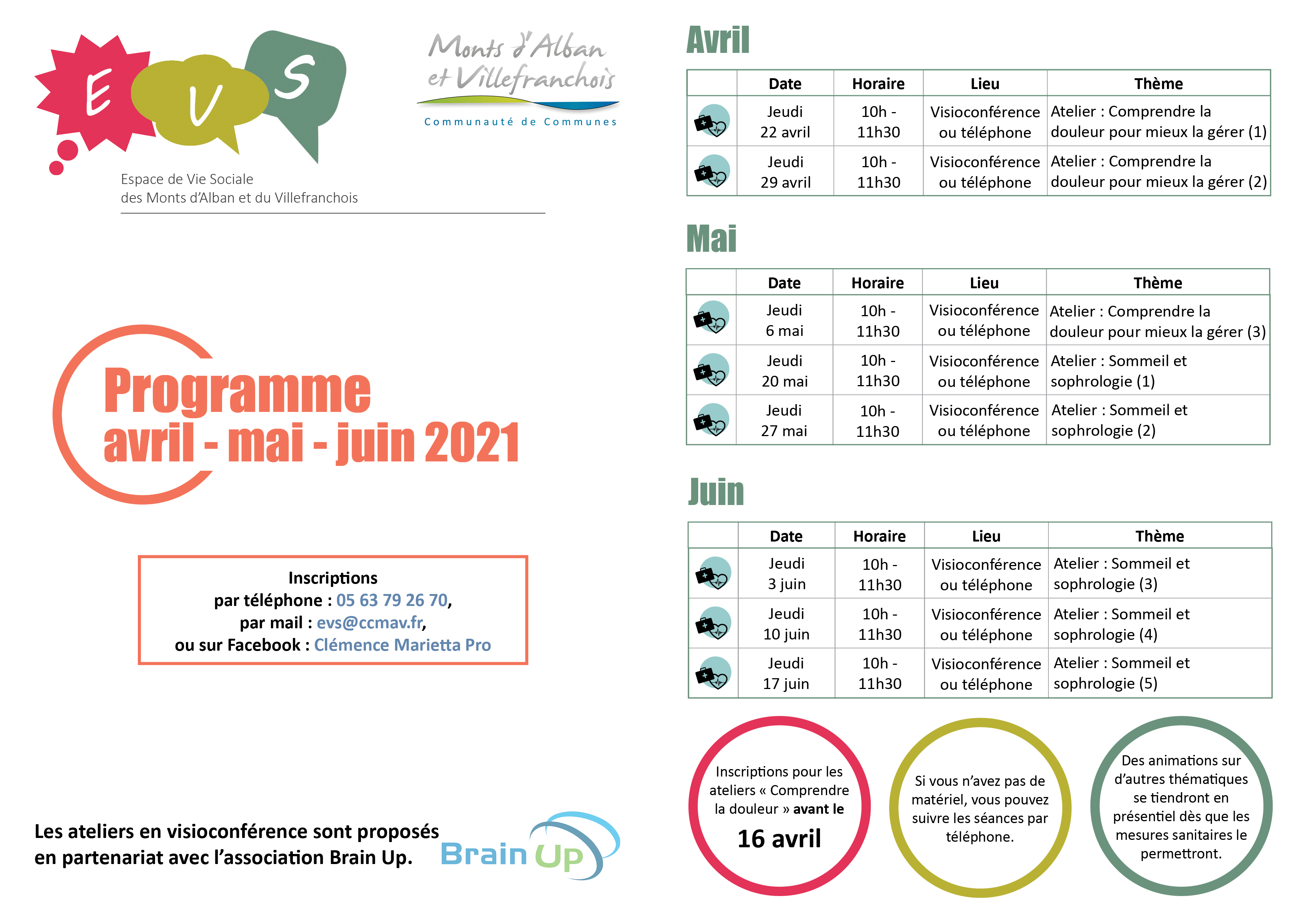 Programme des activités de l'EVS avril-mai-juin 2021