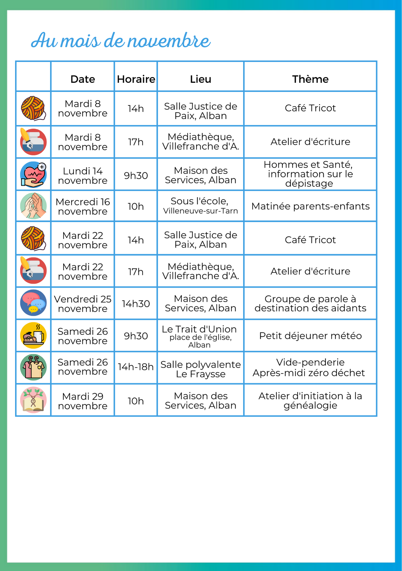 Planning du Trait d'Union pour le mois de novembre