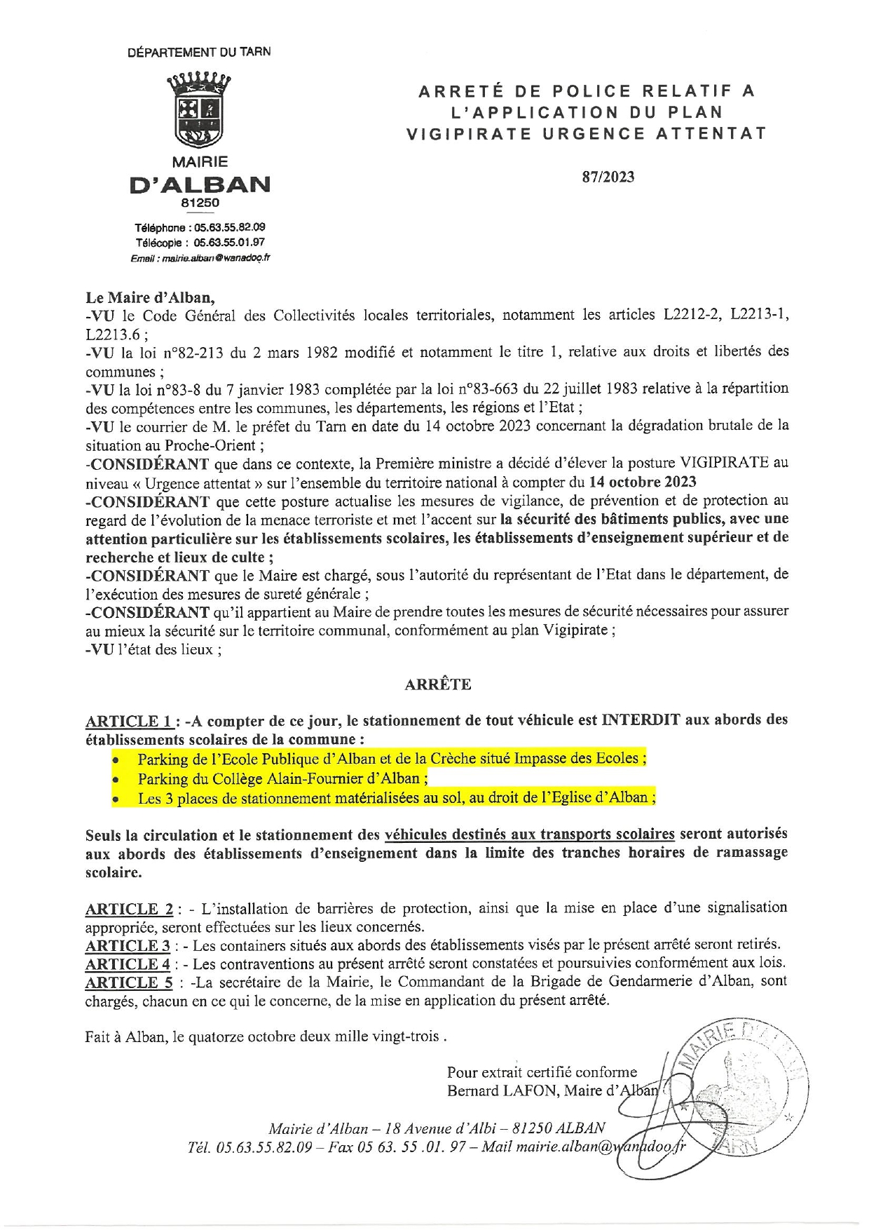 Arrêté de police relatif à l'application du PLAN VIGIPIRATE "URGENCE ATTENTAT"