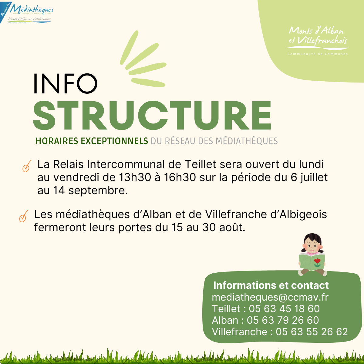 Horaires du réseau des médiathèques - période estivale