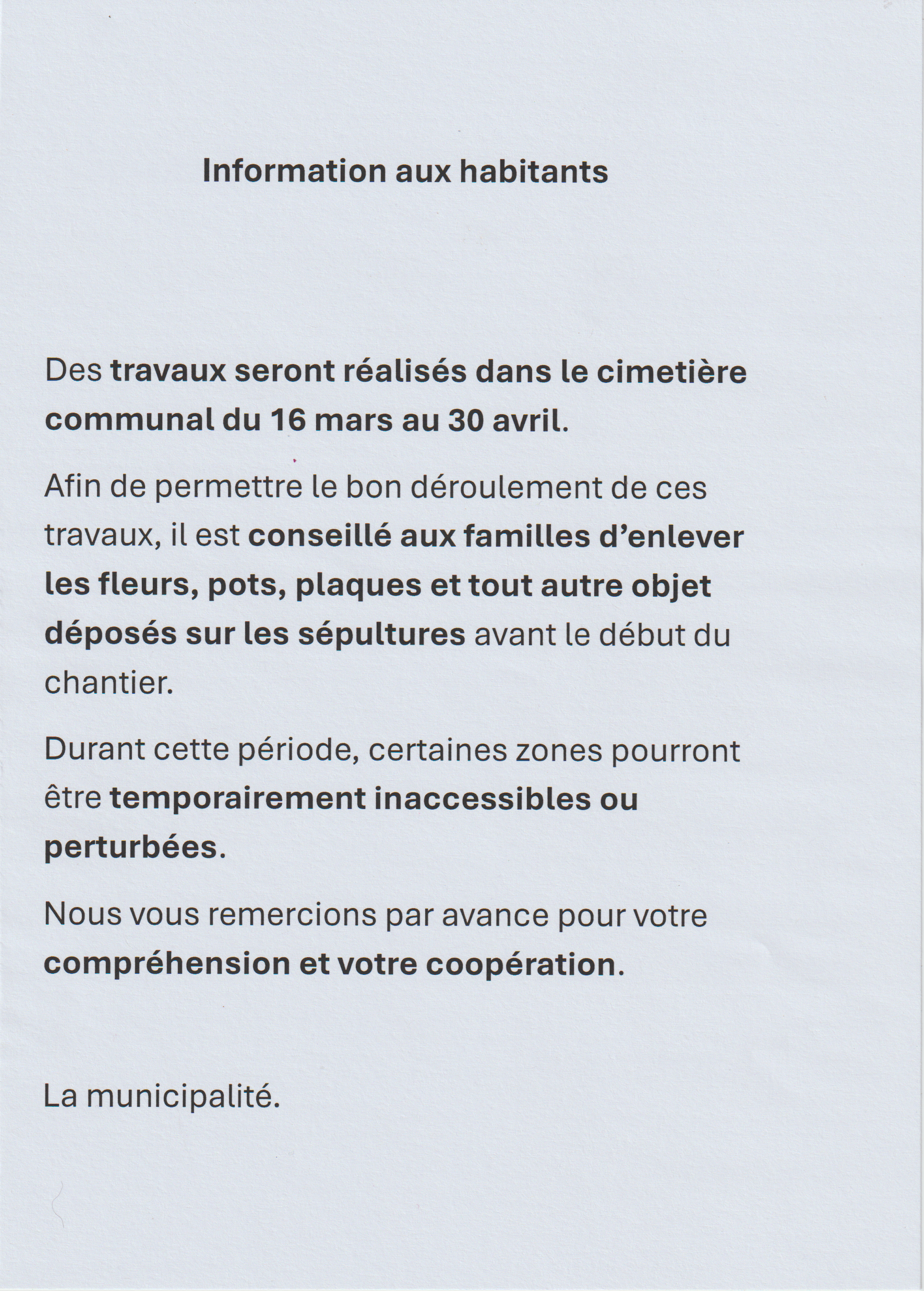 INFORMATION TRAVAUX CIMETIÈRE