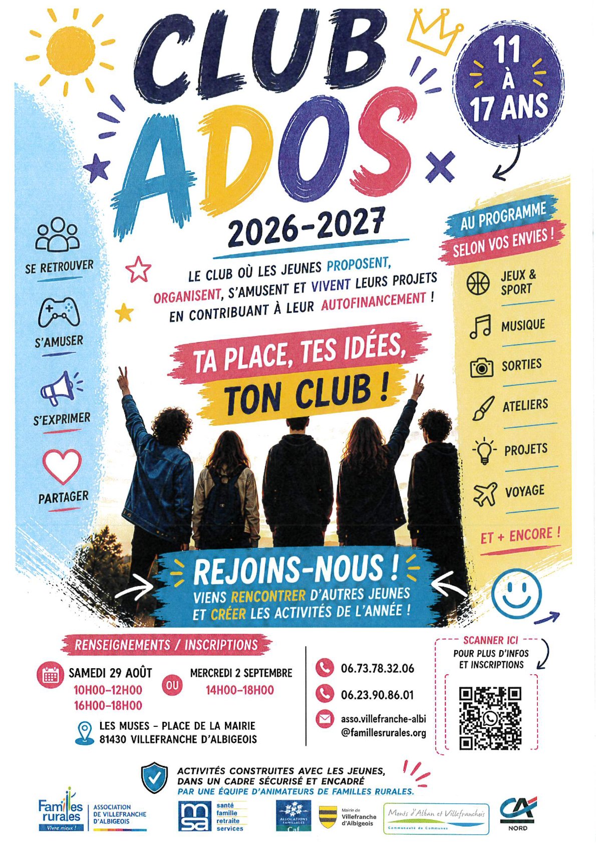 Club ado : renseignements et inscriptions auprès de Familles Rurales à Villefranche-d'Albigeois